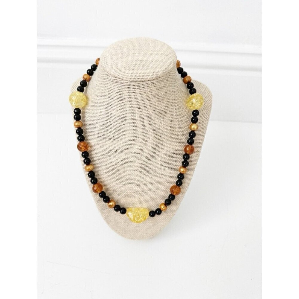NWT Genuine Amber, Pearls & Black Onyx Beads Beaded Necklace Orange Black Bronze